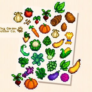 Feuille d'autocollants de légumes Stardew Valley - 26 légumes de jeu vidéo SDV confortables, parfaits pour les agendas, les journaux, les cadeaux uniques et les bas de Noël