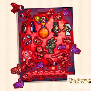 Folha de adesivos de Terraria - Monstros e vilões da lua de sangue | Bandidos icônicos do evento noturno - Palhaço maligno, coelho corrupto e raivoso