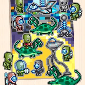 Feuille d'autocollants Terraria - Envahisseurs de la folie martienne | Monstres emblématiques et extraterrestres venus de l'espace - Vaisseau spatial laser blaster Mars Attacks