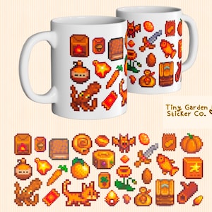 Mug esthétique orange Stardew Valley - poisson, pierres précieuses, chat de Garfield, livre, billet d'or, étoile du tournoi, conteneur d'expédition, trésors