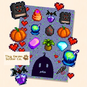 Stardew Valley - Krobus Character Personality Sticker Sheet | SDV Seafoam Pudding, Pumpkin, Void Mermaid Shell & Friendship Pixel Hearts