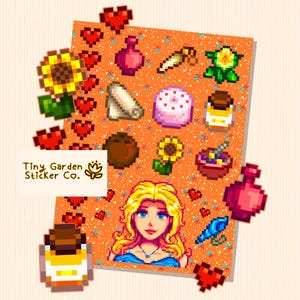 Stardew Valley - Feuille d'autocollants de la personnalité du personnage de Haley | Gâteau rose SDV, tournesol, miel, coquille de sirène et coeurs d'amitié Pretty Love