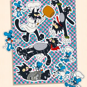 Feuille d'autocollants Chaos dessin animé rétro | Stickers nostalgiques pour les fans d'animation des années 90 : chaos du chat et de la souris, bouffonneries rigolotes