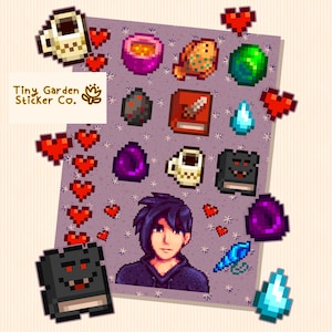 Stardew Valley - Feuille d'autocollants de personnalité de Sebastian | Petit ami emo SDV, café, obsidienne, soupe au potiron, coquille de sirène, coeurs