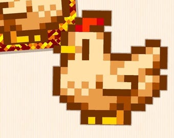 May include: A pixelated illustration of a brown chicken with a red comb and yellow beak. The chicken is facing left and has a brown body with yellow feet.