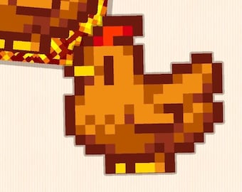 May include: A pixelated brown chicken with a red comb and yellow feet. The chicken is facing the right side of the image.
