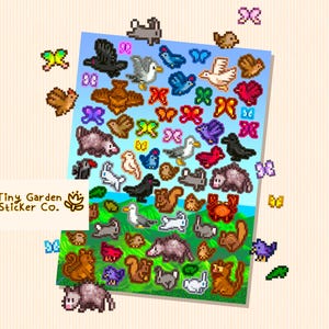 Foglio di adesivi di Stardew Valley Pelican Town Wildlife Critters / SDV Uccelli, scoiattoli, farfalle, opossum, anatre, rane, gufi, granchi, gabbiani