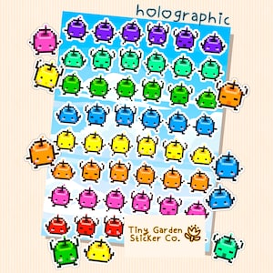 Feuille d'autocollants holographiques Junimo – Autocollants en vinyle arc-en-ciel pour les fans de Stardew Valley SDV | 48 autocollants résistants aux intempéries pour journaux et cadeaux