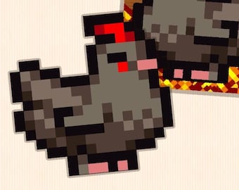 May include: A pixelated gray chicken with a red comb and pink feet. The chicken is facing the right side of the image.