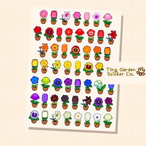 Peut inclure: Une feuille d'autocollants de fleurs colorées dans de petits pots bruns. Les fleurs sont de différentes couleurs, notamment rose, rouge, orange, jaune, bleu, violet et blanc. Le texte "Tiny Garden Sticker Co." est dans le coin supérieur droit.