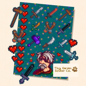 Stardew Valley - Folha de adesivos de personalidade do personagem Marlon | Adesivo SDV - Adventurer's Guild, Swords, Daggers, Monster Slayer, Hearts