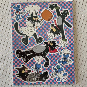 Feuille d'autocollants Chaos dessin animé rétro | Stickers nostalgiques pour les fans d'animation des années 90 : chaos du chat et de la souris, bouffonneries rigolotes