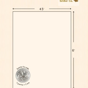 May include: A rectangular sticker sheet, 11.4 cm wide and 15.2 cm tall, with a quarter for scale. The text "Tiny Garden Sticker Co." is in the upper right corner. The text "Quarter for scale" and "1 quarter = 1 inch" are also present.