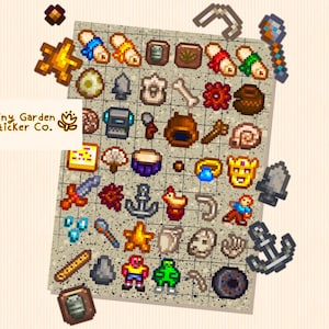 Stardew Valley Artifacts Sticker Sheet - SDV Komplette Sammlung von 42 einzigartigen Artefakt-Aufklebern, perfekt für Dekor, Journals, Scrapbooks