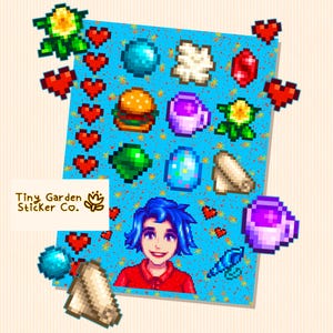 Stardew Valley - Hoja de pegatinas de personalidad de Emily / Gemas SDV, tela, hamburguesa de supervivencia, concha de sirena y corazones de la amistad