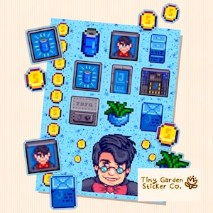 Stardew Valley - Feuille d'autocollants de la personnalité du personnage de Morris | Sticker SDV - Joja Mart Manager, usine de stockage de pièces d'or, caisses Joja Cola