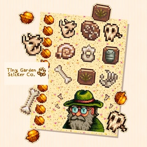 Stardew Valley - Folha de adesivos de personalidade do personagem Professor Snail | SDV Ginger Island, Skulls, Fossils, Golden Walnuts, Quirky Scientist