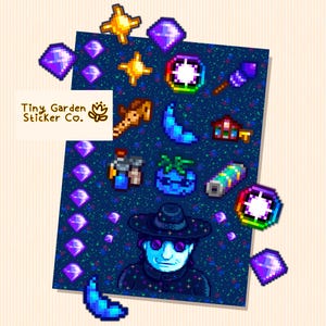 Stardew Valley Mr. Qi Sticker Sheet: Ginger Island Boss, Qi Gems