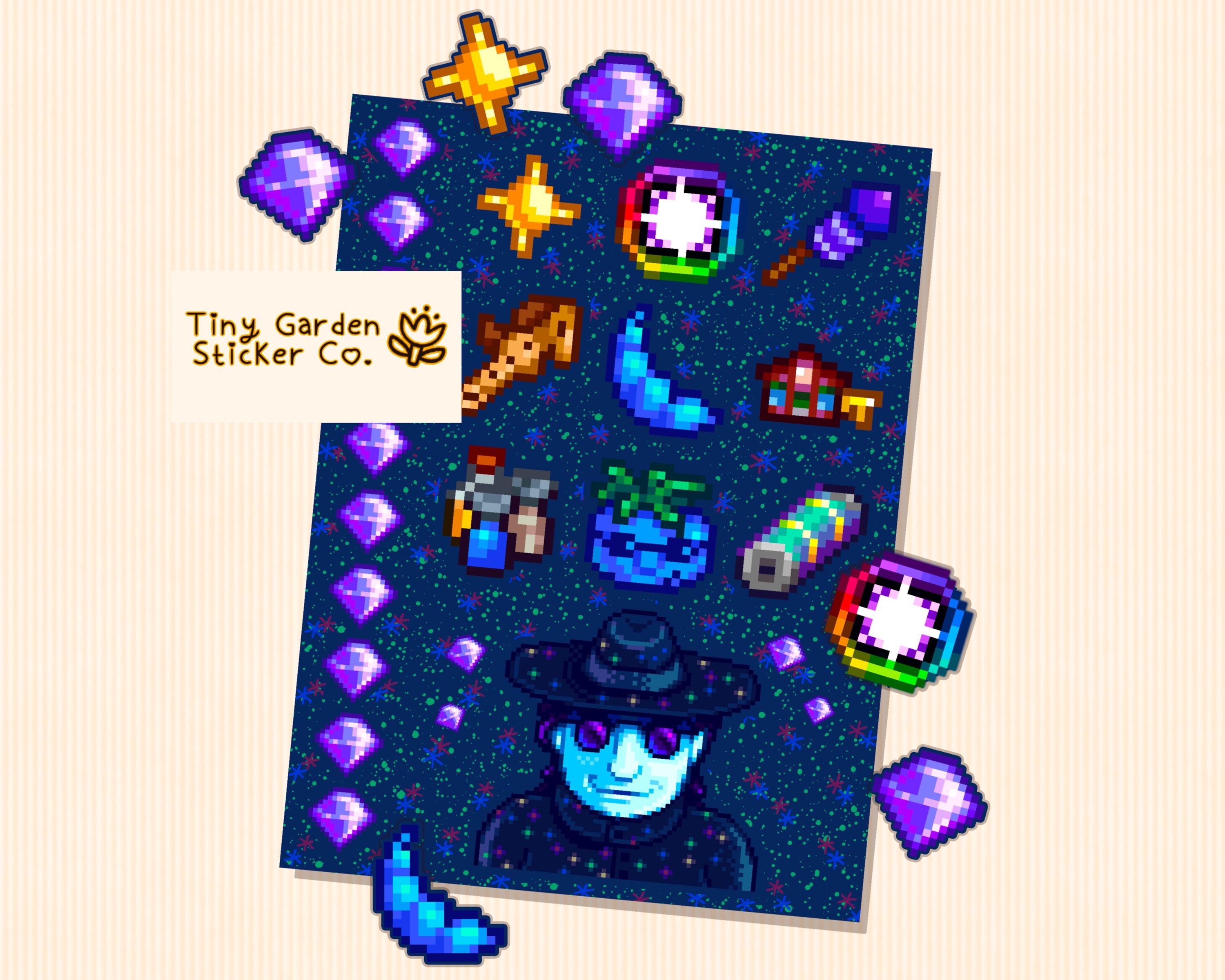 Stardew Valley Mr. Qi Sticker Sheet: Ginger Island Boss, Qi Gems
