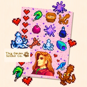 Stickervel Stardew Valley - Elliott personage persoonlijkheid | SDV-octopus, inktvis, eendenveer, zeemeerminschelp en vriendschapsharten! Knap
