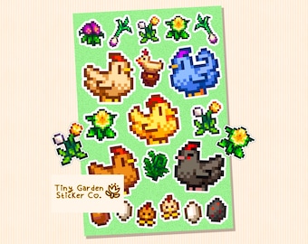 Stardew Valley Chicken Sticker Sheet | Adorable SDV Chicks Eggs and Flowers - Cute Stickers for Decor, Planners, Gifts Blue Void Golden
