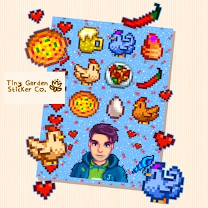 Stardew Valley - Hoja de pegatinas de personalidad de Shane / Pollos SDV, cerveza, pimientos picantes, concha de sirena y corazones de la amistad