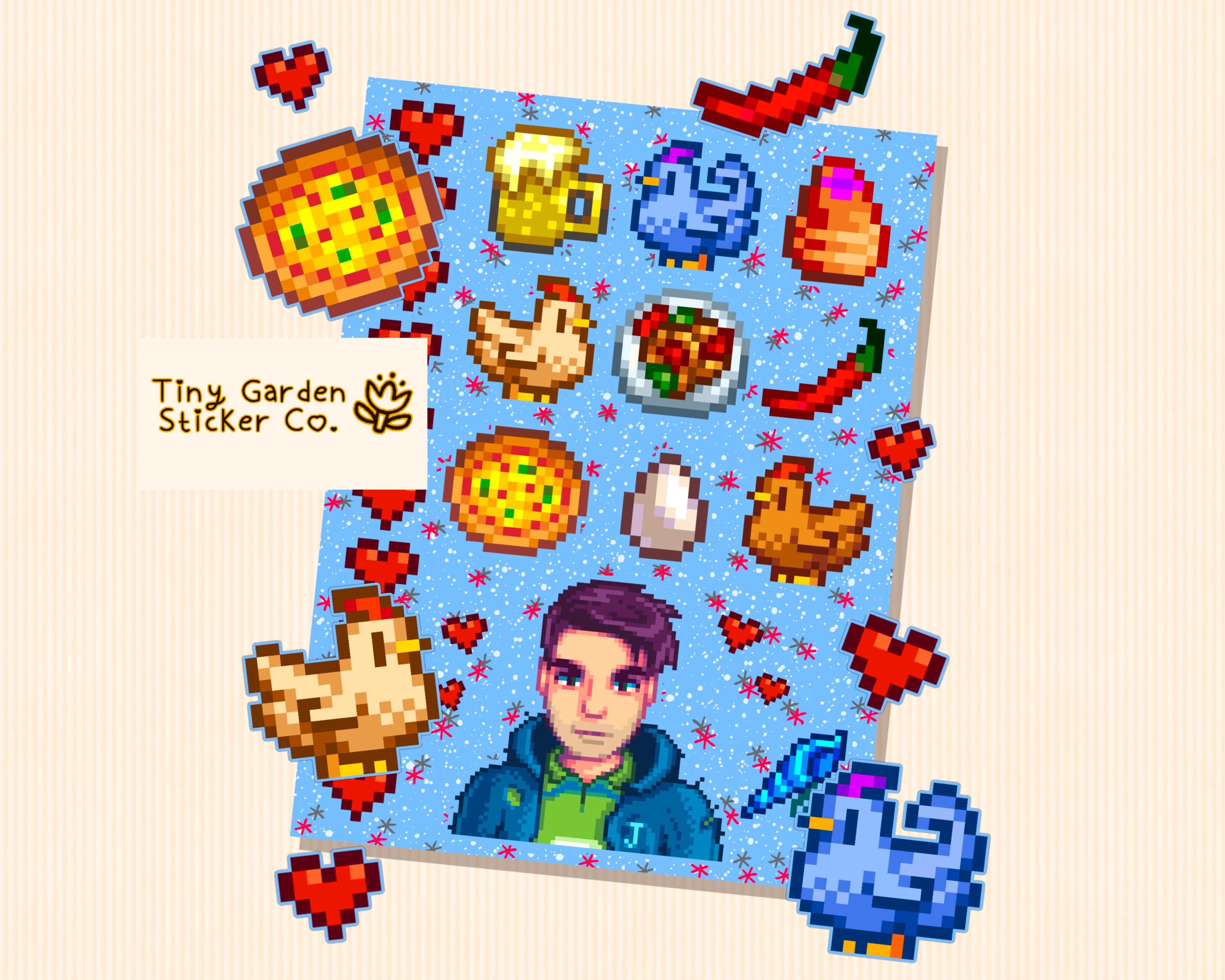 Stardew Valley - Shane Character Personality Sticker Sheet | SDV Chickens, Beer, Hot Peppers, Mermaid Shell & Friendship Hearts