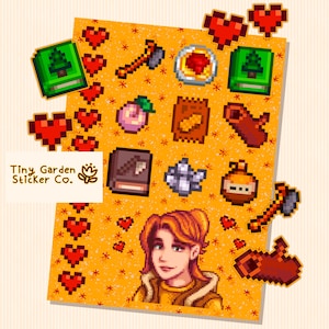 Stardew Valley - Feuille d'autocollants de la personnalité du personnage de Robin | Autocollants SDV avec hache, bois dur, sirop d'érable et coeurs de l'amitié type rare