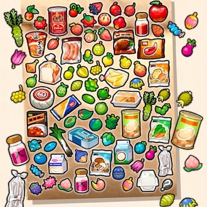 Feuille d'autocollants pour faire l'épicerie du camp de formateurs - Baies Fruits Légumes Lait de coco Egguf Viande Fromage Ramen