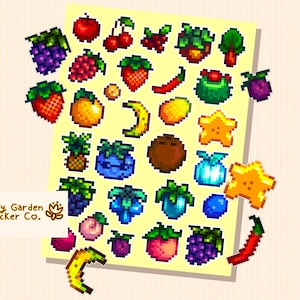 Feuille d'autocollants Stardew Valley Fruits – Autocollants en vinyle SDV scintillants | Imperméable | Parfait pour les agendas, les journaux et les cadeaux - Décoration de jeu confortable