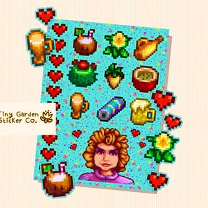 Stardew Valley - Folha de adesivos de personalidade de personagem Pam | Adesivos SDV - Motorista de ônibus Pelican Town, amante de cerveja, fruta de cacto e bateria