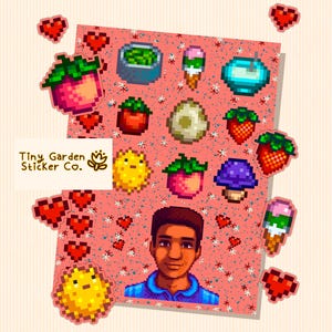 Stardew Valley - Feuille d'autocollants pour le personnage de Demetrius | Sticker SDV - Papa scientifique, melon, tomate, potée, oeuf de dinosaure, coeurs