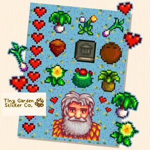 Stardew Valley - Feuille d'autocollants de personnalité de Linus | Stickers SDV Linus avec aliments recherchés, livre de cuisine | Idée cadeau pour amoureux de la nature