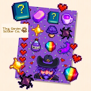 Feuille d'autocollants Magicien de Stardew Valley : objets magiques et cœurs de l'amitié