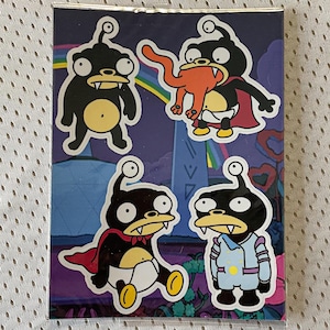 Retro Cartoon Space Pet Sticker Sheet | 4 Nibbler Variants | Feral, Pet, Cat-Eating, Uniformed Alien Cutie - Funny Boston Terrier