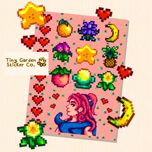 Stardew Valley - サンディキャラクターの個性ステッカーシート | フルーツ、花、マンゴープリン、友情のハートのレアタイプ付きSDVステッカー