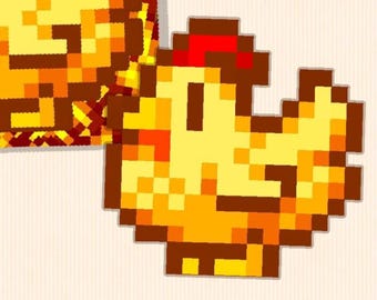 May include: A pixelated illustration of a yellow chicken with a red comb and beak. The chicken is facing the right side of the image.
