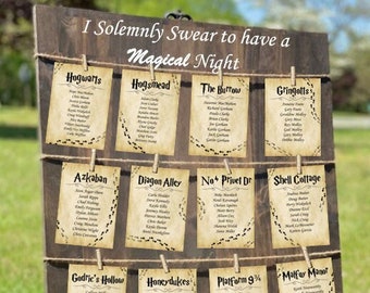 Mapa de merodeadores de ubicaciones del mundo mágico mágico de H Potter: plantilla de tarjeta con tabla de asientos para bodas