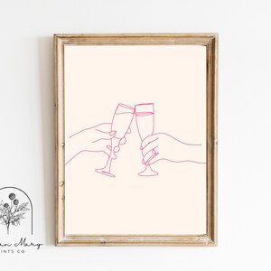Pink Champagne Glass Bar Cart Print | Cheers Alcohol Print | Colorful Bar Art | Home Bar Gallery Wall | Cocktail Wall Decor