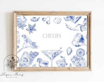 Blue Bar Cart Print | Alcohol Print | Colorful Bar Art | Cheers Line Art | Cocktail Wall Decor