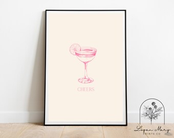Pink Cheers Bar Cart Print | Alcohol Print | Colorful Bar Art | Cheers Gallery Wall | Cocktail Wall Decor
