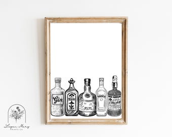 Black Bar Cart Print | Alcohol Print | Colorful Bar Art | Spirits | Tequila Vodka Wall Decor