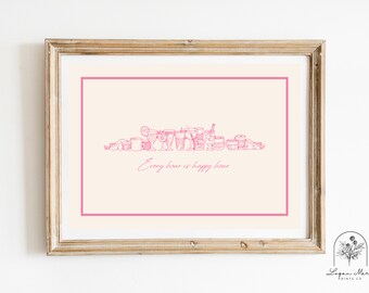 Pink Bar Cart Print | Alcohol Print | Colorful Bar Art | Every Hour is Happy Hour | Cocktail Wall Decor