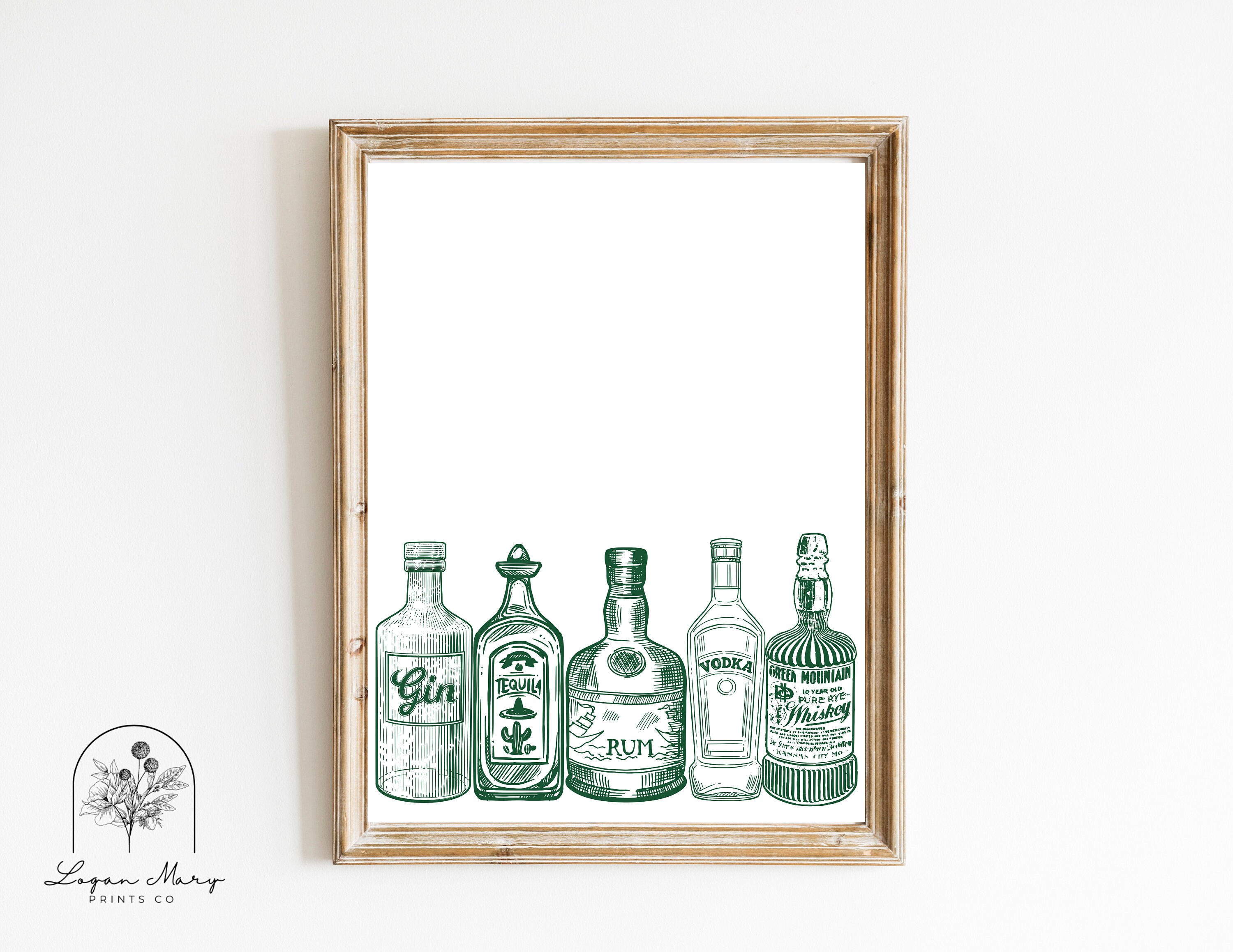 Dark Green Bar Cart Print | Alcohol Print | Colorful Bar Art | Spirits | Tequila Vodka Wall Decor