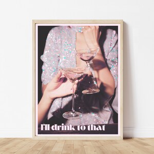 Pink Retro Bar Cart Print | Alcohol Print | Colorful Bar Art | Home Bar Gallery Wall | Champagne Cocktail Wall Decor
