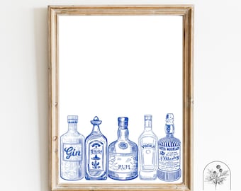 Blue Bar Cart Print | Alcohol Print | Colorful Bar Art | Spirits | Tequila Vodka Wall Decor