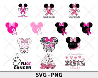 May include: A set of 10 pink and black digital cut files featuring Mickey Mouse ears with pink ribbons and text related to breast cancer awareness. The text includes "No One Fights Alone", "Cancer Survivor", "Brave Love Strength Warrior Fight Life Faith Courage Cancer Believe Support", "Survivor", "In October We Wear Pink", and "F*ck Cancer".
