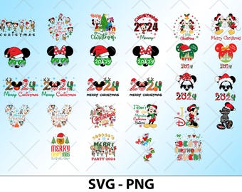 May include: A collection of colorful Christmas-themed designs featuring Mickey and Minnie Mouse, along with other Disney characters. The designs include text such as "Christmas," "Merry Christmas," and "2024." The image also includes the text "SVG - PNG."