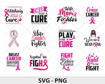May include: Pink ribbon designs with text supporting breast cancer awareness.  The text includes phrases like "Wife Mom Fighter", "Play for a Cure", "Together We Fight", and "Her Fight is Our Fight".