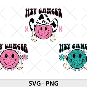 Hey Cancer Groovy Smiley Gesicht SVG PNG, Brustkrebs SVG, Pink Awareness Ribbon svg, Brustkrebs Bewusstsein dafür svg, F Cancer Png, pinkes Lächeln
